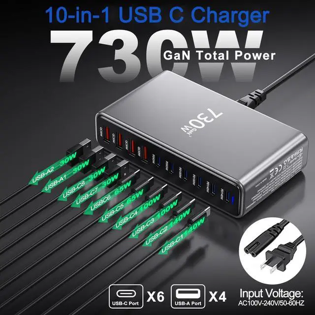 Alt view image 3 of 7 - KEHIPI 730W USB C Charger Block, 10 Port Fast USB Charging Station for Multi Devices, GaN  Charging Block Double 140W/100W/65W PD PPS Port Laptop Charger Compatible with MacBook Pro/Air/iPhone 16/15