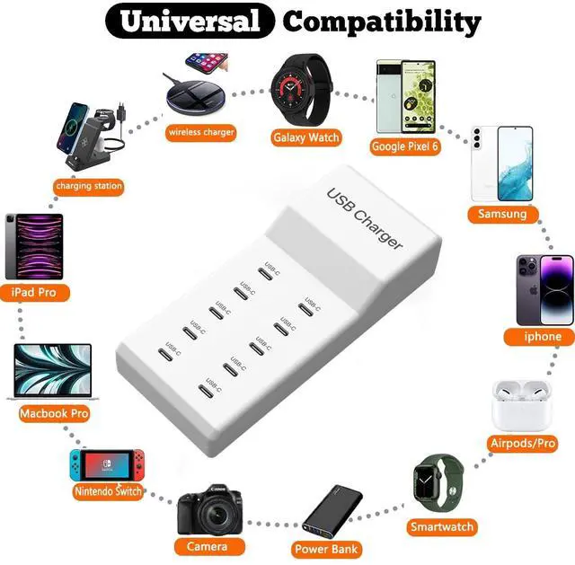 Alt view image 2 of 7 - KEHIPI USB C Charger, 10 Ports USB Charging Station, 50W Multi-Port USBC Charger, USBC Desktop Multiple Charger for iPhone 16/15/14/13/12/iPad/Samsung S24/S23/Ultra/Z Flod/Watch/Headphones