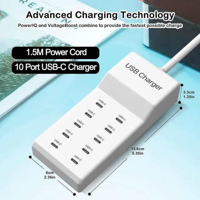 Alt view image 5 of 7 - KEHIPI USB C Charger, 10 Ports USB Charging Station, 50W Multi-Port USBC Charger, USBC Desktop Multiple Charger for iPhone 16/15/14/13/12/iPad/Samsung S24/S23/Ultra/Z Flod/Watch/Headphones