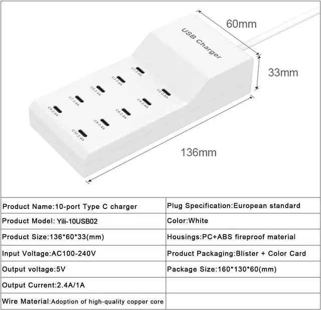 Alt view image 6 of 7 - KEHIPI USB C Charger, 10 Ports USB Charging Station, 50W Multi-Port USBC Charger, USBC Desktop Multiple Charger for iPhone 16/15/14/13/12/iPad/Samsung S24/S23/Ultra/Z Flod/Watch/Headphones