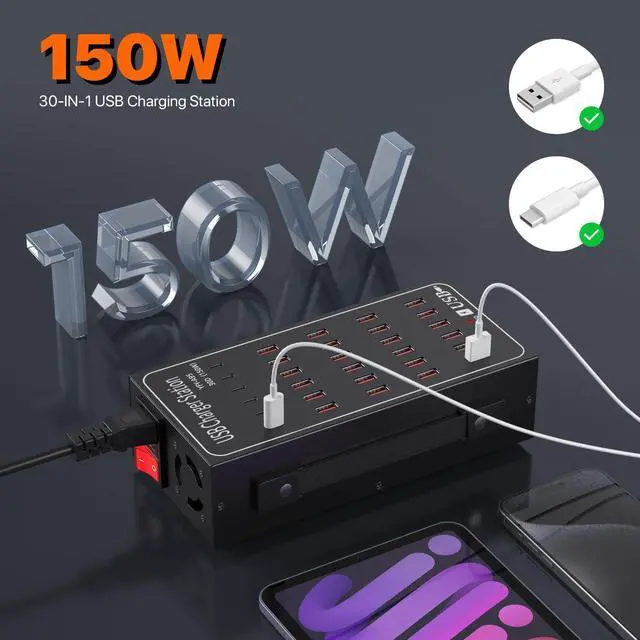Alt view image 2 of 7 - KEHIPI 30-Ports Charging Station, 150W USB C Charger, USB-C Smart Charger, 30-in-1 Desktop Charging Hub, Multi Ports Charging Station Organizer for iPhone, iPad, Samsung, Tablets and Other Electronics