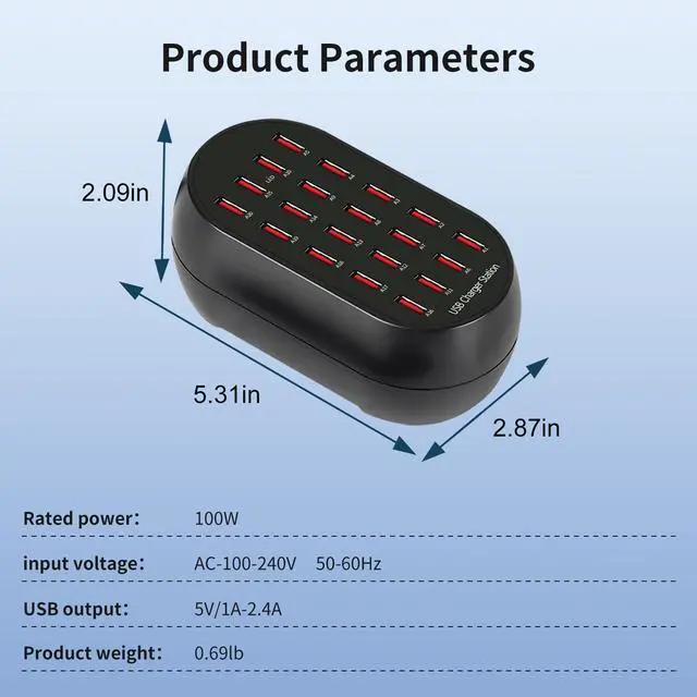 Alt view image 7 of 7 - KEHIPI 20-Port USB Charging Station, 100W Multi-Device Charger Hub, Desktop Power Dock for Smartphones, for iPhone, Samsung Galaxy, iPad, Tablet, Drones, Headphones,Black