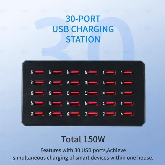 Alt view image 7 of 7 - KEHIPI 150W USB Charging Station, 30-Port Multi USB Charger Hub for Multiple Devices, Fast Charging Block for iPhone, iPad, Android, Tablets & More, Ideal for Schools, Offices, Retail, Events