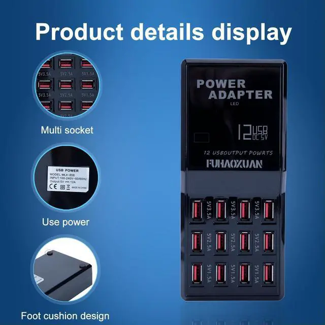 Alt view image 3 of 6 - KEHIPI 60W USB Charging Station for Multiple Devices, 12-Port Multi USB Charger Hub, Fast Charging Dock for iPhone, iPad, Samsung, Tablets & More, Compact Desktop Charger for Home, Office, Travel