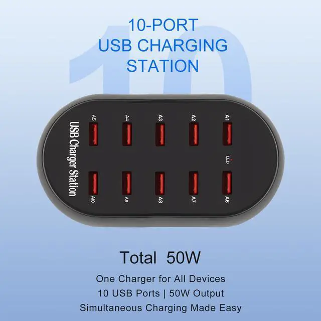 Alt view image 2 of 7 - KEHIPI 10-Port USB Charging Station, 50W Multi-Device Charger Hub, Desktop Power Dock for Smartphones, for iPhone, Samsung Galaxy, iPad, Tablet, Drones, Headphones,Black