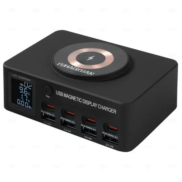 Main image of KEHIPI 140W 8-Port USB Charging Station with PD & QC 3.0, Fast Charger Block with Wireless Charging, Smart LED Display USB Charger Hub for Home, Office & Multiple Devices