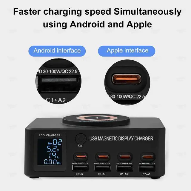 Alt view image 2 of 7 - KEHIPI 140W 8-Port USB Charging Station with PD & QC 3.0, Fast Charger Block with Wireless Charging, Smart LED Display USB Charger Hub for Home, Office & Multiple Devices