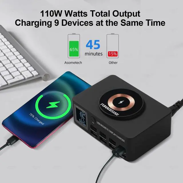 Alt view image 4 of 7 - KEHIPI 140W 8-Port USB Charging Station with PD & QC 3.0, Fast Charger Block with Wireless Charging, Smart LED Display USB Charger Hub for Home, Office & Multiple Devices