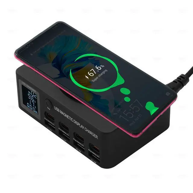 Alt view image 7 of 7 - KEHIPI 140W 8-Port USB Charging Station with PD & QC 3.0, Fast Charger Block with Wireless Charging, Smart LED Display USB Charger Hub for Home, Office & Multiple Devices