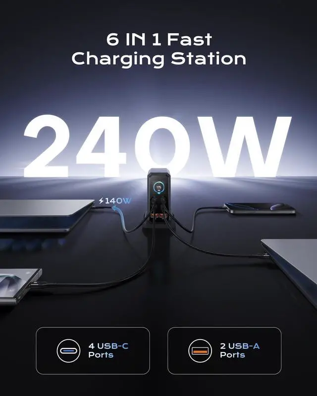 Alt view image 2 of 7 - KEHIPI 240W USB C Charger Block, 6 Ports USB Charging Station,GaN 140W PD3.1 Laptop Fast Charger Adapter Desktop Charger Station for MacBook HP iPad iPhone Samsung