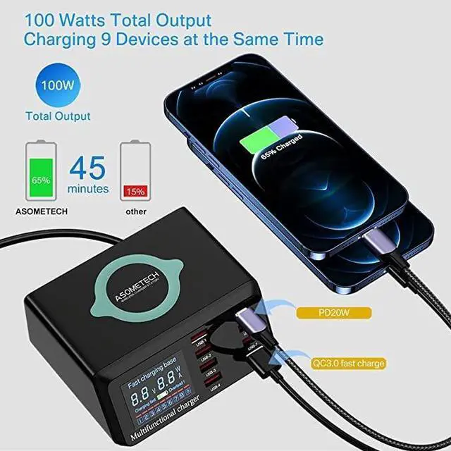 Alt view image 2 of 6 - KEHIPI USB Charger Hub 100W 8-Port Desktop Multiple USB Charging Station with PD Port, Quick Charge 3.0 USB Port, Wireless Charger, LCD Display Fast USB C Charger for iPhone 12, Tablet and More