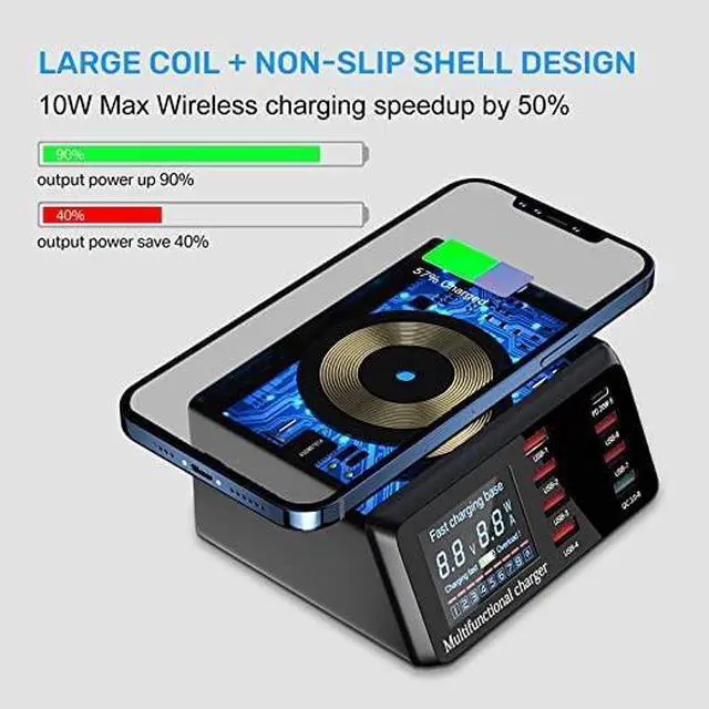 Alt view image 3 of 6 - KEHIPI USB Charger Hub 100W 8-Port Desktop Multiple USB Charging Station with PD Port, Quick Charge 3.0 USB Port, Wireless Charger, LCD Display Fast USB C Charger for iPhone 12, Tablet and More