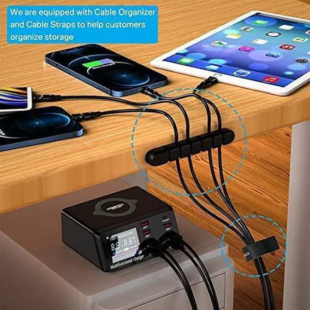 Alt view image 4 of 6 - KEHIPI USB Charger Hub 100W 8-Port Desktop Multiple USB Charging Station with PD Port, Quick Charge 3.0 USB Port, Wireless Charger, LCD Display Fast USB C Charger for iPhone 12, Tablet and More