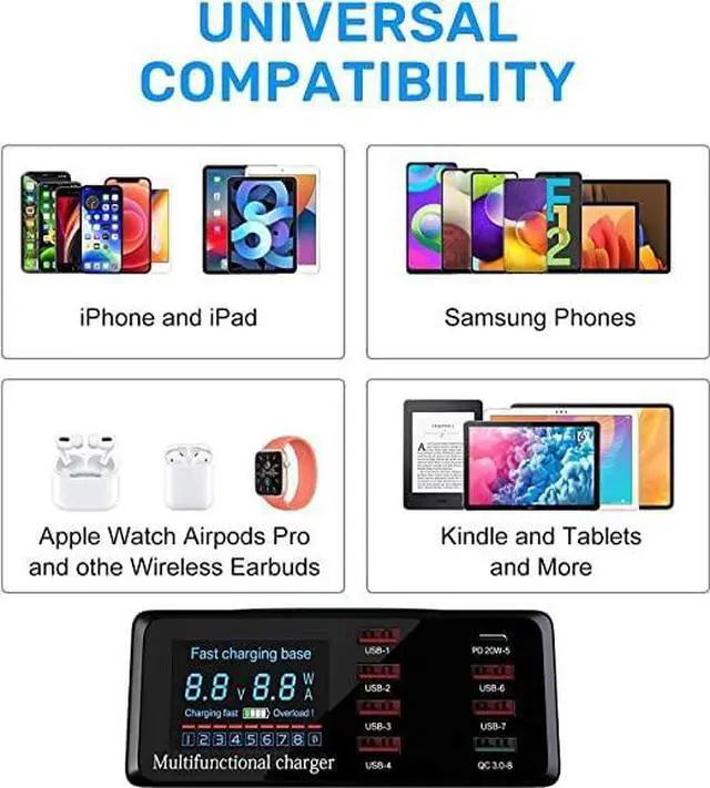 Alt view image 6 of 6 - KEHIPI USB Charger Hub 100W 8-Port Desktop Multiple USB Charging Station with PD Port, Quick Charge 3.0 USB Port, Wireless Charger, LCD Display Fast USB C Charger for iPhone 12, Tablet and More