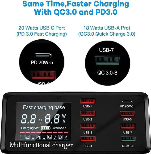 Alt view image 5 of 6 - KEHIPI USB Charger Hub 100W 8-Port Desktop Multiple USB Charging Station with PD Port, Quick Charge 3.0 USB Port, Wireless Charger, LCD Display Fast USB C Charger for iPhone 12, Tablet and More