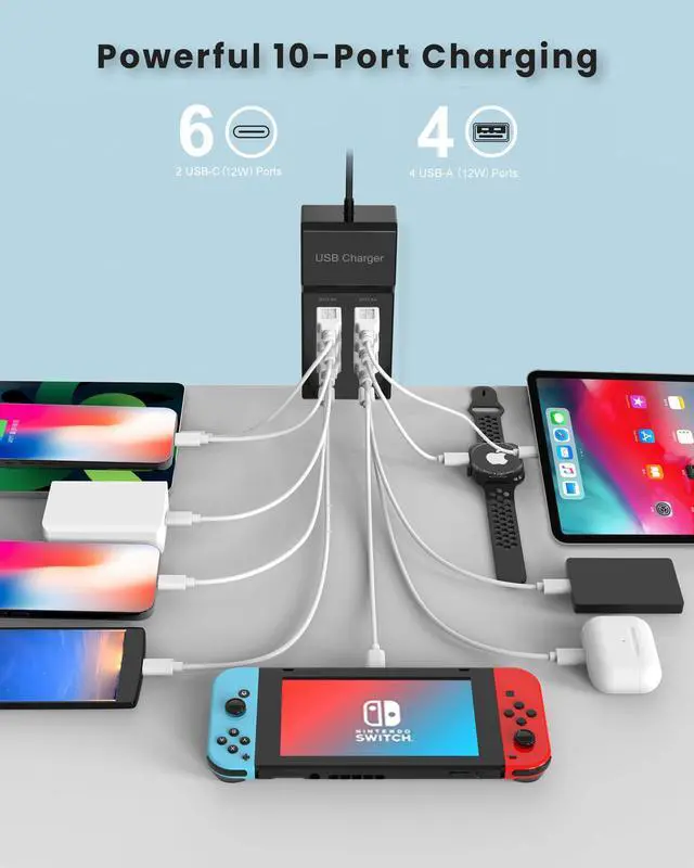 Alt view image 2 of 6 - KEHIPI USB C Charger Block 10-Port USB-C Charging Station 6 USBC Ports & 4 USB-A Ports Total 50W USB Power Strip for Multi Devices for iPhone 16 17 15 14 13 12 Se,Galaxy,Pixel,Tablet,Camera,Headphones
