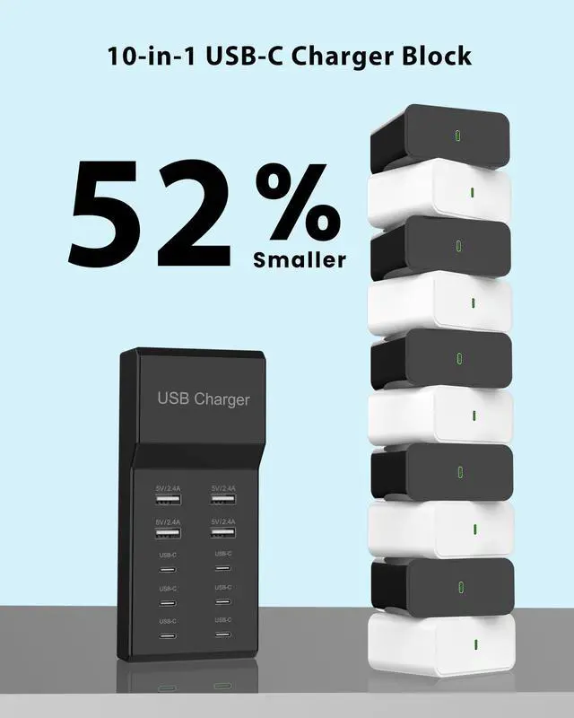 Alt view image 3 of 6 - KEHIPI USB C Charger Block 10-Port USB-C Charging Station 6 USBC Ports & 4 USB-A Ports Total 50W USB Power Strip for Multi Devices for iPhone 16 17 15 14 13 12 Se,Galaxy,Pixel,Tablet,Camera,Headphones