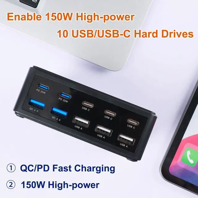 Alt view image 2 of 7 - KEHIPI 150W 10-Port USB Charger - Fast Multi Port USB 10-Ports Charging Hub with Switch Control - Compatible with iPhone 15/14/13/12, Galaxy S23/S22/S21, Note 20 Ultra and More