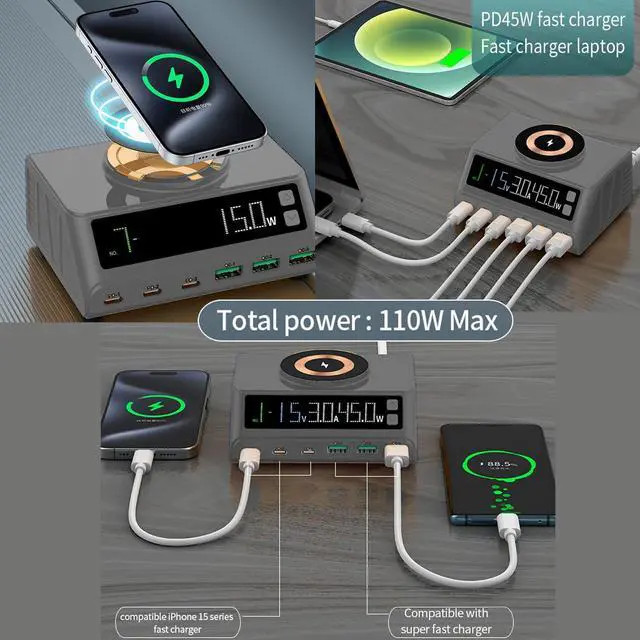 Alt view image 4 of 7 - KEHIPI 110W Black Fast USB Charger Station, 6-Port (3USB and 3PD), Fast Charging with Digital Display for Charging laptops, Phones, Tablets, and Other USB Devices