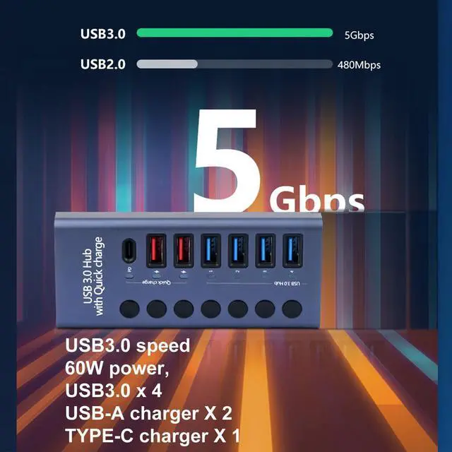 Alt view image 3 of 6 - KEHIPI Aluminum 7 Ports USB 3.0 hub with Charging Function, 36W (12V/3A) Power Adapter,Individual Power swiches