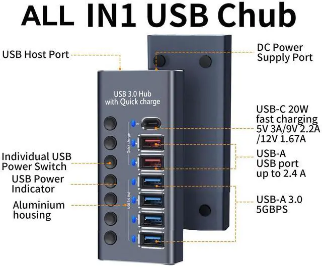 Alt view image 5 of 6 - KEHIPI Aluminum 7 Ports USB 3.0 hub with Charging Function, 36W (12V/3A) Power Adapter,Individual Power swiches