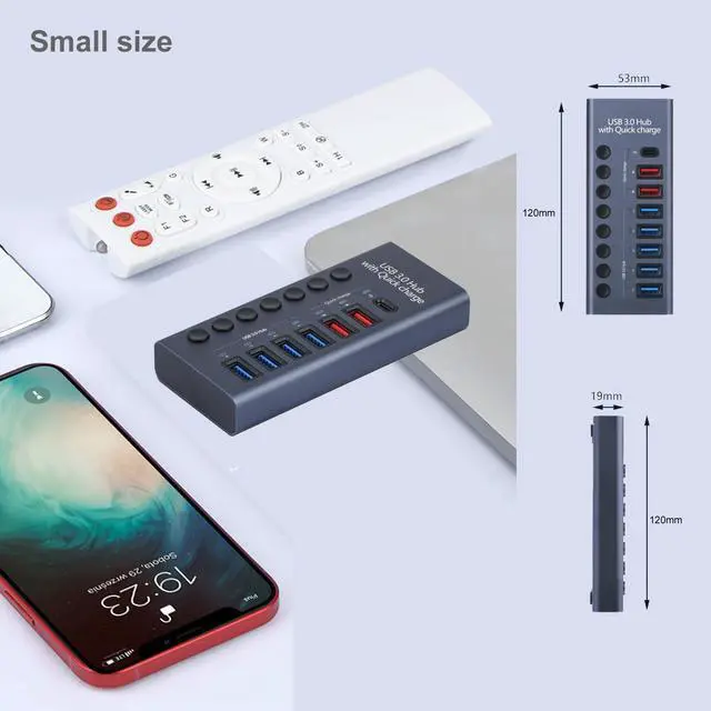 Alt view image 2 of 6 - KEHIPI Aluminum 7 Ports USB 3.0 hub with Charging Function, 36W (12V/3A) Power Adapter,Individual Power swiches