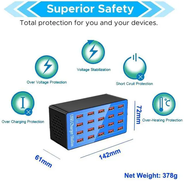 Alt view image 3 of 6 - KEHIPI USB Charging Station, 20-Port 100W/20A Multi-USB Charger Station for Smartphones, Tablets, and Other Devices