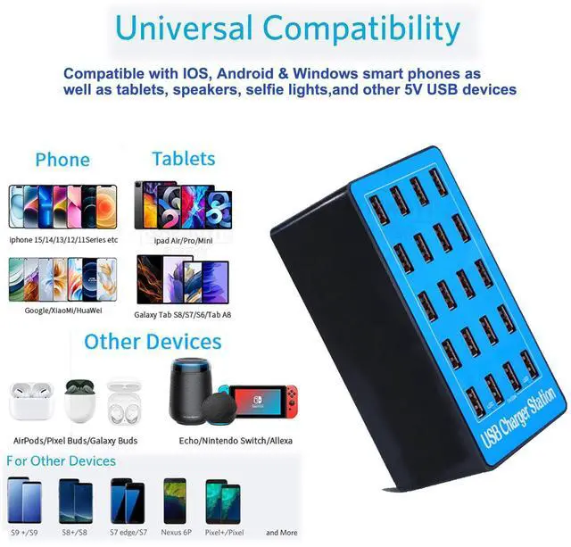 Alt view image 2 of 6 - KEHIPI USB Charging Station, 20-Port 100W/20A Multi-USB Charger Station for Smartphones, Tablets, and Other Devices