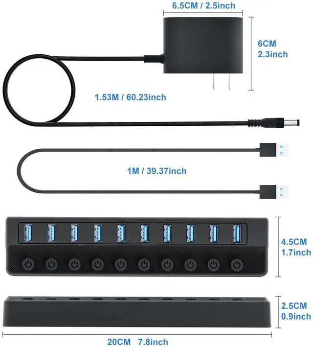 Alt view image 6 of 7 - ONFINIO Powered USB Hub 3.0, 10-Port USB Splitter Hub with Individual On/Off Switches and 12V/2A Power Adapter USB Extension