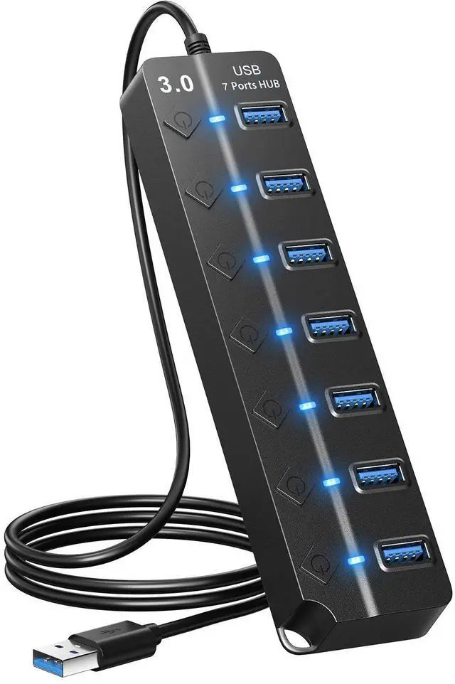 Main image of KEHIPI USB Hub 3.0, 7-Port USB Hub Splitter with Individual On/Off Switches and Lights, 3.2ft/1m Long Cable Compatible with MacBook, Laptop, Surface Pro, PS4, PC, Flash Drive, Mobile HDD