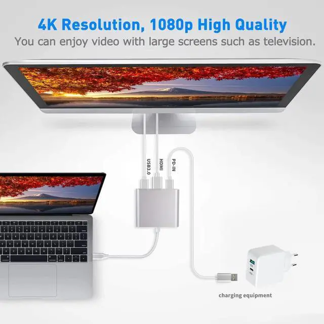 Alt view image 2 of 7 - KEHIPI USB C to HDTV Adapter USB Type C Adapter Multiport AV Converter with 4K HDTV Output C Port & 3.0 Fasting Charging Port Compatible for MacBook Pro MacBook Air 2019/2018 iPad Pro 2019