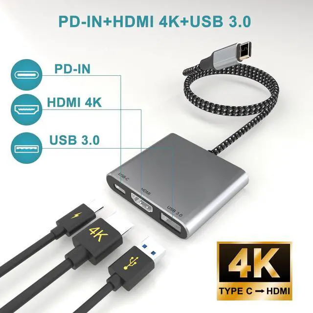 Alt view image 6 of 7 - KEHIPIUSB C Multiport AV Adapter with 4K HDTV Output USB 3.0 Port, 50cm Braided Cable & USB-C Fasting Charging Port,Compatible for MacBook Pro Air M1 M2 Pad Pro iMac and Other Type C Devices