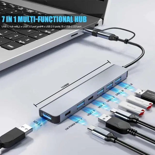 Alt view image 3 of 7 - KEHIPI Aluminum 7 in 1 USB C & USB Hub with USB 3.0, USB 2.0 Ports for PC/Laptops/MacBook Pro/Air/iMac/iPad and More Devices