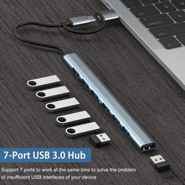 Alt view image 2 of 6 - KEHIPI USB Hub 3.0 with 7 Ports, Aluminium USB C to USB 3.0 Hub for MacBook, Mac Pro/Mini, iMac, Ps4, PS5, Surface Pro,Flash Drive, Samsung