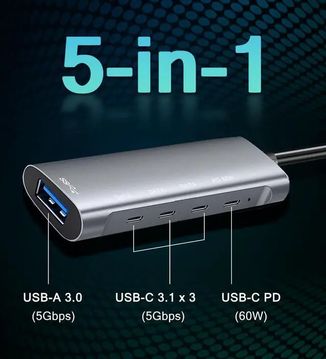 Alt view image 2 of 7 - KEHIPI  USB C Hub 5Gbps,Laptop Docking Station with 3 5Gbps USB-C Data, 1 5Gbps USB-A, and 1 PD 60W Comptible for MacBook Pro, iMac, iPad Pro, iPhone 16/15, Galaxy S24, and More