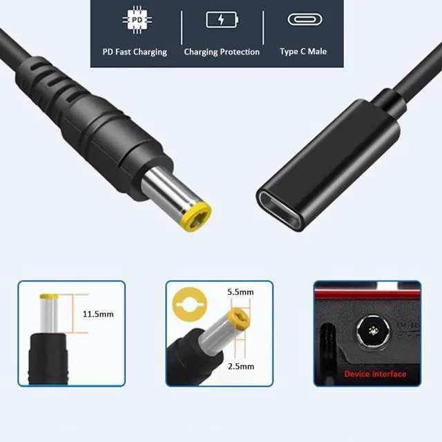 Alt view image 2 of 7 - KEHIPI Type C USB-C Female Input to DC 5.5x2.5mm Power PD Charge Cable fit for Laptop 18-20V