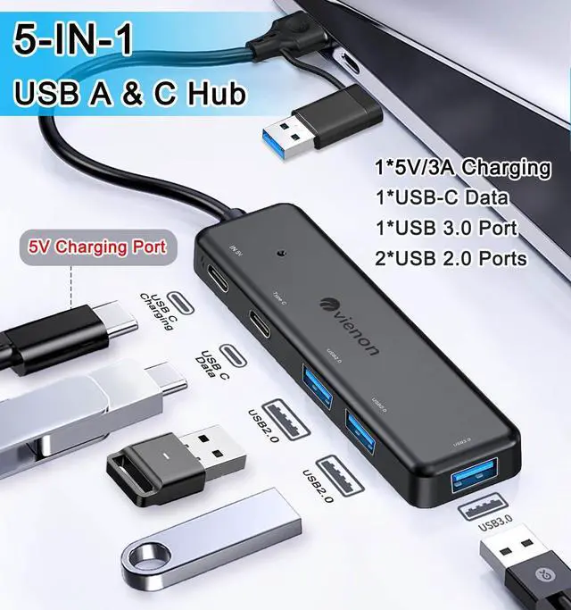 Alt view image 2 of 7 - KEHIPI USB 3.0 Hub (5 in 1), USB C Hub, USB C to USB 3.0 Hub Adapter with USB C Power/Data Ports, USB Extender USB A&C Docking Station for Laptop PC MacBook Dell, HP, PS4/5, SSD and More