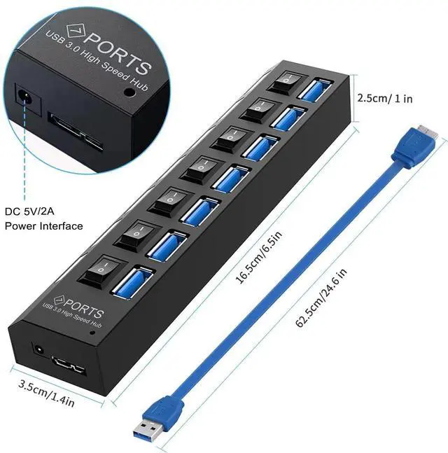 Alt view image 6 of 7 - KEHIPI USB Hub 3.0,  7-Port USB Extender Splitter with Individual LED ON/Off Switches, USB3.0 Hub for Laptop, PC, MacBook, Mac Pro, Mac mini, iMac, Surface Pro and More USB Devices-2FT