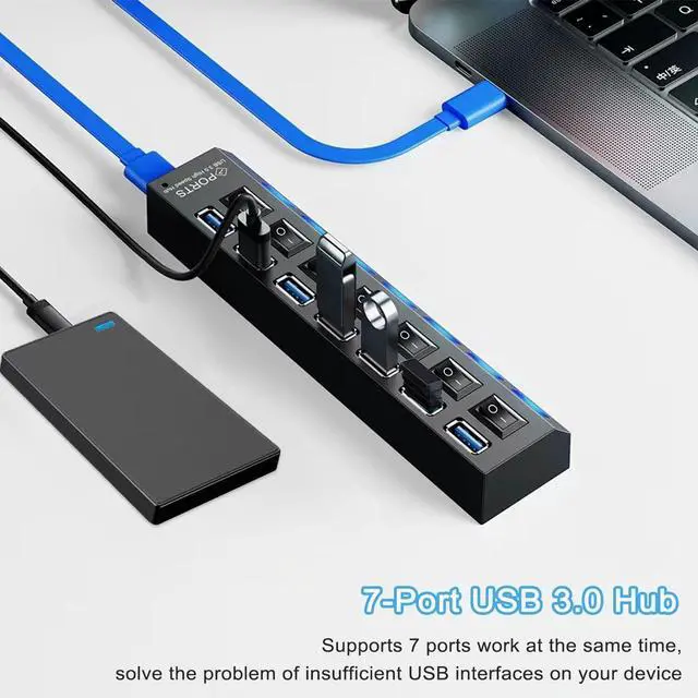 Alt view image 2 of 7 - KEHIPI USB Hub 3.0,  7-Port USB Extender Splitter with Individual LED ON/Off Switches, USB3.0 Hub for Laptop, PC, MacBook, Mac Pro, Mac mini, iMac, Surface Pro and More USB Devices-2FT