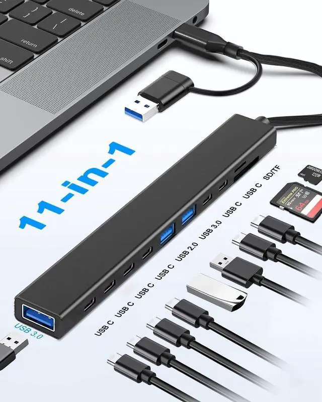 Alt view image 2 of 7 - KEHIPI 11 in 1 USB C Hub USB Hub 3.0 with SD Card Reader,  USB Extender with Memory SD/Micro SD Card Reader, for Laptop, PC, MacBook, iPad Pro, iMac-Aluminum