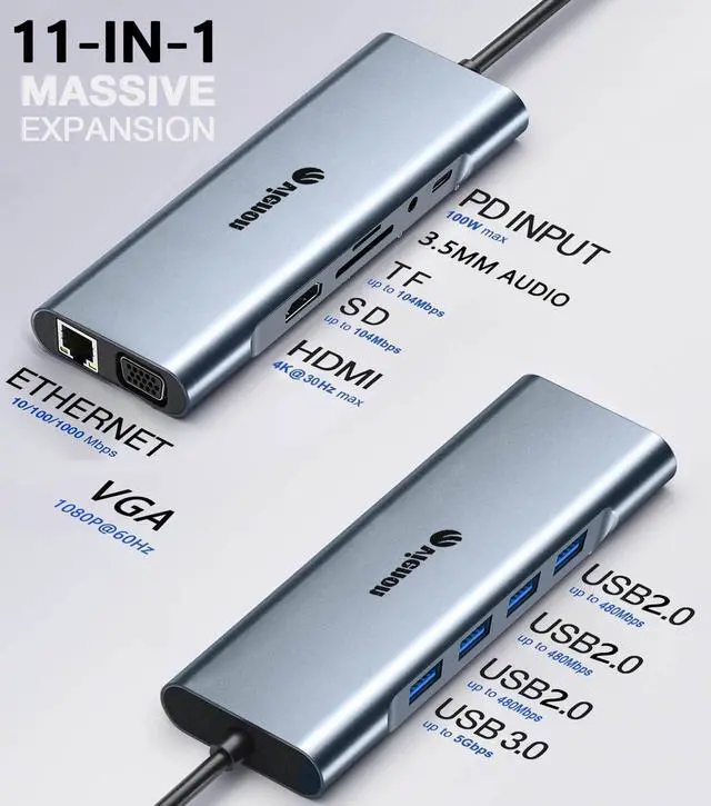 Alt view image 2 of 7 - KEHIPI 11-in-1 USB C Hub, Laptop Docking Station with RJ45 Gigabit Ethernet, 4K HDMI, 1080P VGA, SD/Micro SD Card Reader, 3.5 mm Audio Aux Jack, PD 100W Charging, Full Functional USB C Dongle