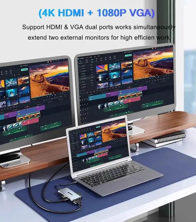 Alt view image 4 of 7 - KEHIPI 11-in-1 USB C Hub, Laptop Docking Station with RJ45 Gigabit Ethernet, 4K HDMI, 1080P VGA, SD/Micro SD Card Reader, 3.5 mm Audio Aux Jack, PD 100W Charging, Full Functional USB C Dongle