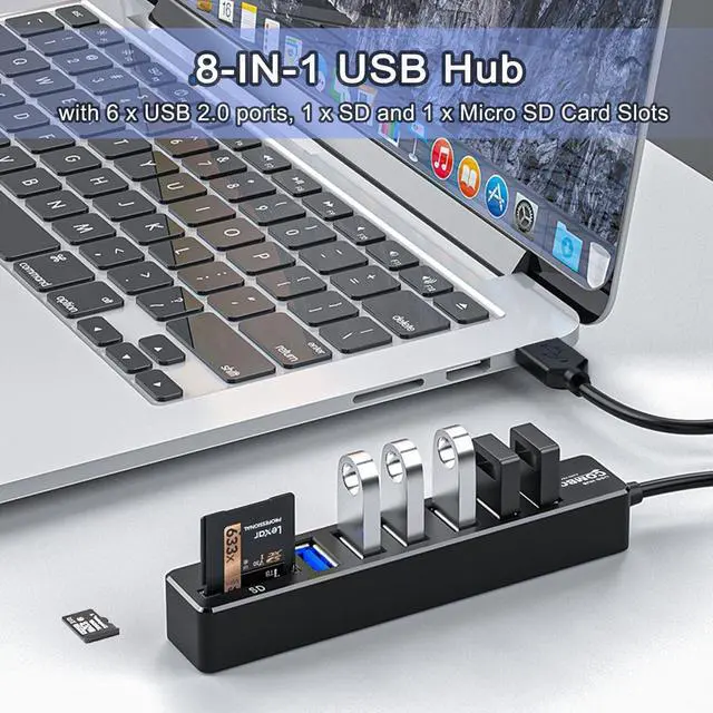 Alt view image 2 of 7 - KEHIPI USB Hub with SD/TF Card Reader,  8 in 1 USB Extender USB Splitter with SD/Micro SD Memory Card Reader and 6 USB 2.0 Ports for PC, Laptops, Surface Pro, MacBook, iMac Pro-3FT