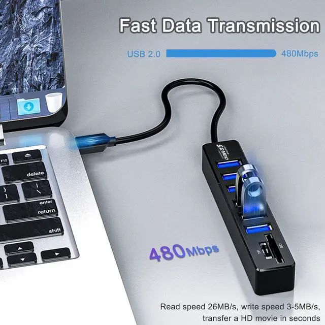 Alt view image 3 of 7 - KEHIPI USB Hub with SD/TF Card Reader,  8 in 1 USB Extender USB Splitter with SD/Micro SD Memory Card Reader and 6 USB 2.0 Ports for PC, Laptops, Surface Pro, MacBook, iMac Pro-3FT
