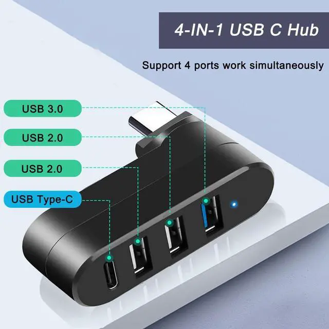 Alt view image 2 of 7 - KEHIPI 4-Port USB C Hub [90°/180° Degree Rotatable], USB C Adapter Splitter with PD-in 5W Port, USB Extender for MacBook, iMac, Surface, and More C Port Laptop(Not for Car)