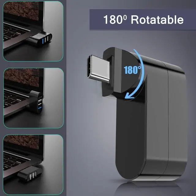 Alt view image 3 of 7 - KEHIPI 4-Port USB C Hub [90°/180° Degree Rotatable], USB C Adapter Splitter with PD-in 5W Port, USB Extender for MacBook, iMac, Surface, and More C Port Laptop(Not for Car)