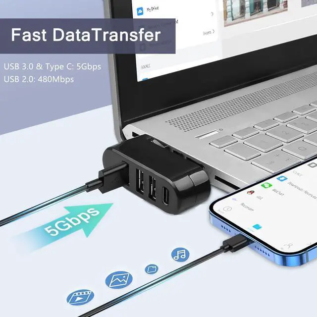 Alt view image 5 of 7 - KEHIPI 4-Port USB C Hub [90°/180° Degree Rotatable], USB C Adapter Splitter with PD-in 5W Port, USB Extender for MacBook, iMac, Surface, and More C Port Laptop(Not for Car)