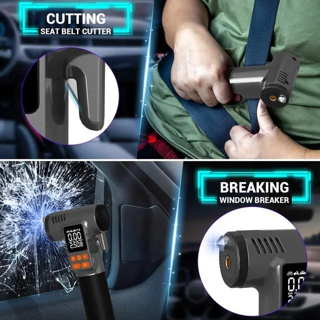 Alt view image 3 of 7 - KEHIPI Car Tire Inflator with Window Breaker Seatbelt Cutter: 180PSI Air Pump - Portable Air Compressor with Digital Pressure Gauge & Auto Shut-Off for Car, Bike, Ball, Motorcycle, Swim Ring- Gift for
