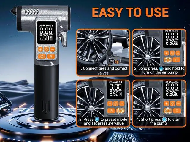 Alt view image 7 of 7 - KEHIPI Car Tire Inflator with Window Breaker Seatbelt Cutter: 180PSI Air Pump - Portable Air Compressor with Digital Pressure Gauge & Auto Shut-Off for Car, Bike, Ball, Motorcycle, Swim Ring- Gift for