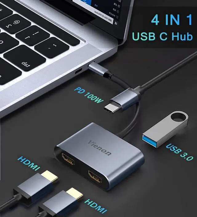 Alt view image 2 of 7 - KEHIPI  USB C to Dual HDMI Adapter 4K@60HZ, USB C Hub HDMI Adapter for Dual Monitors with USB-A 3.0, 100W PD Compatible for MacBook Air/Pro, More Thunderbolt 3/4 Laptop